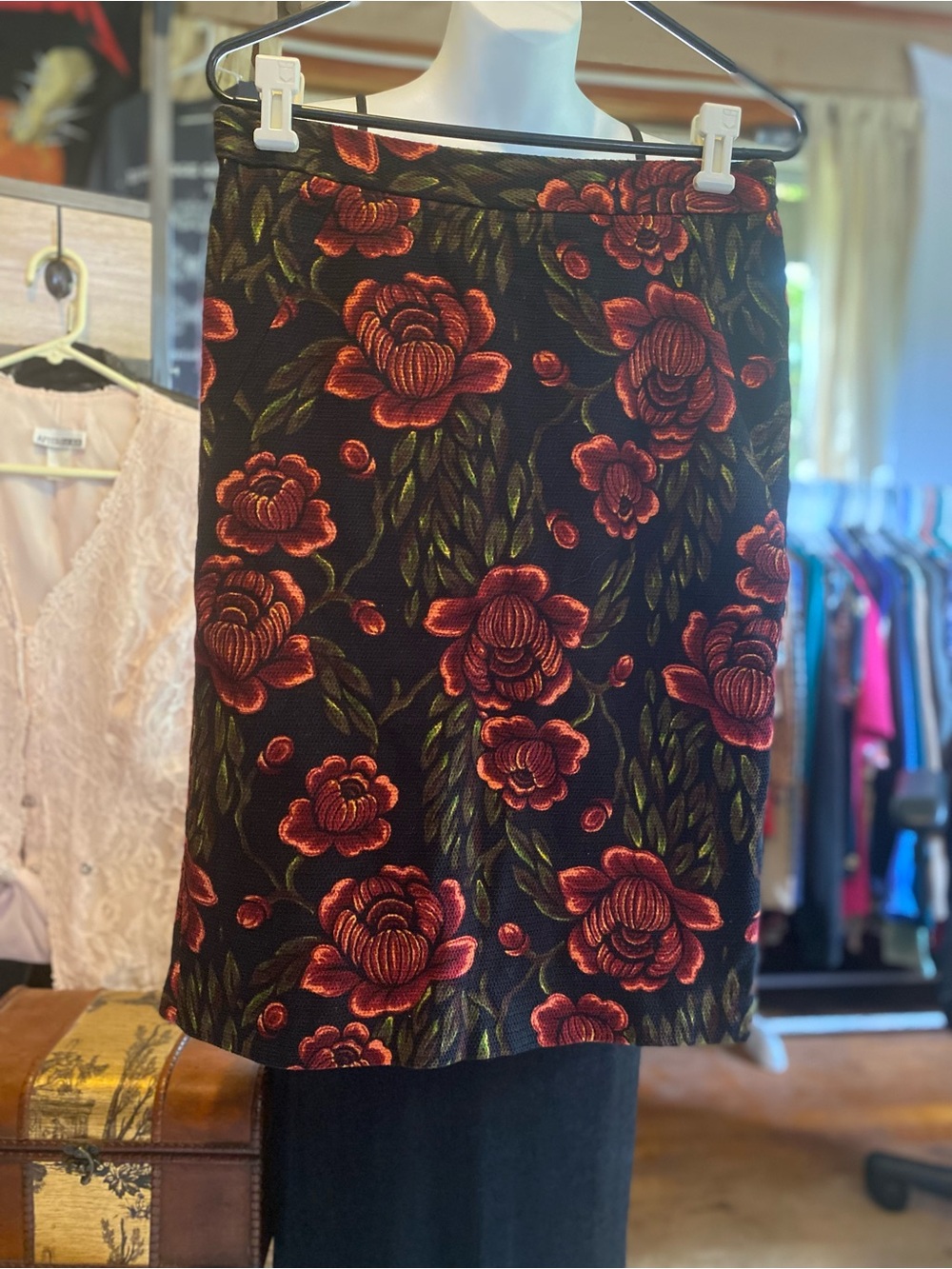 Catherine Malandrino Black Pencil Skirt with Red Floral Jacquard